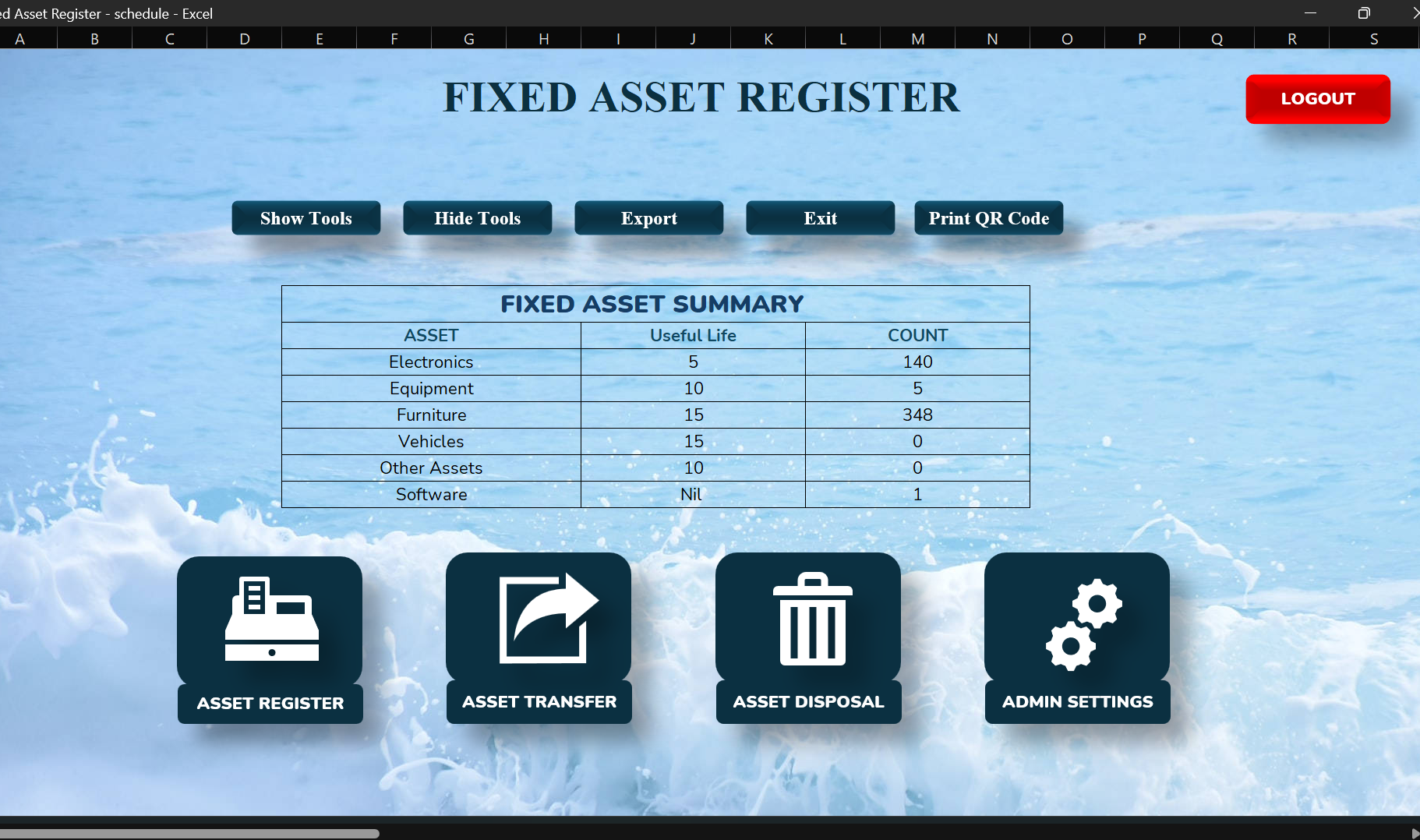 Fixed Asset Register — asset summary dashboard