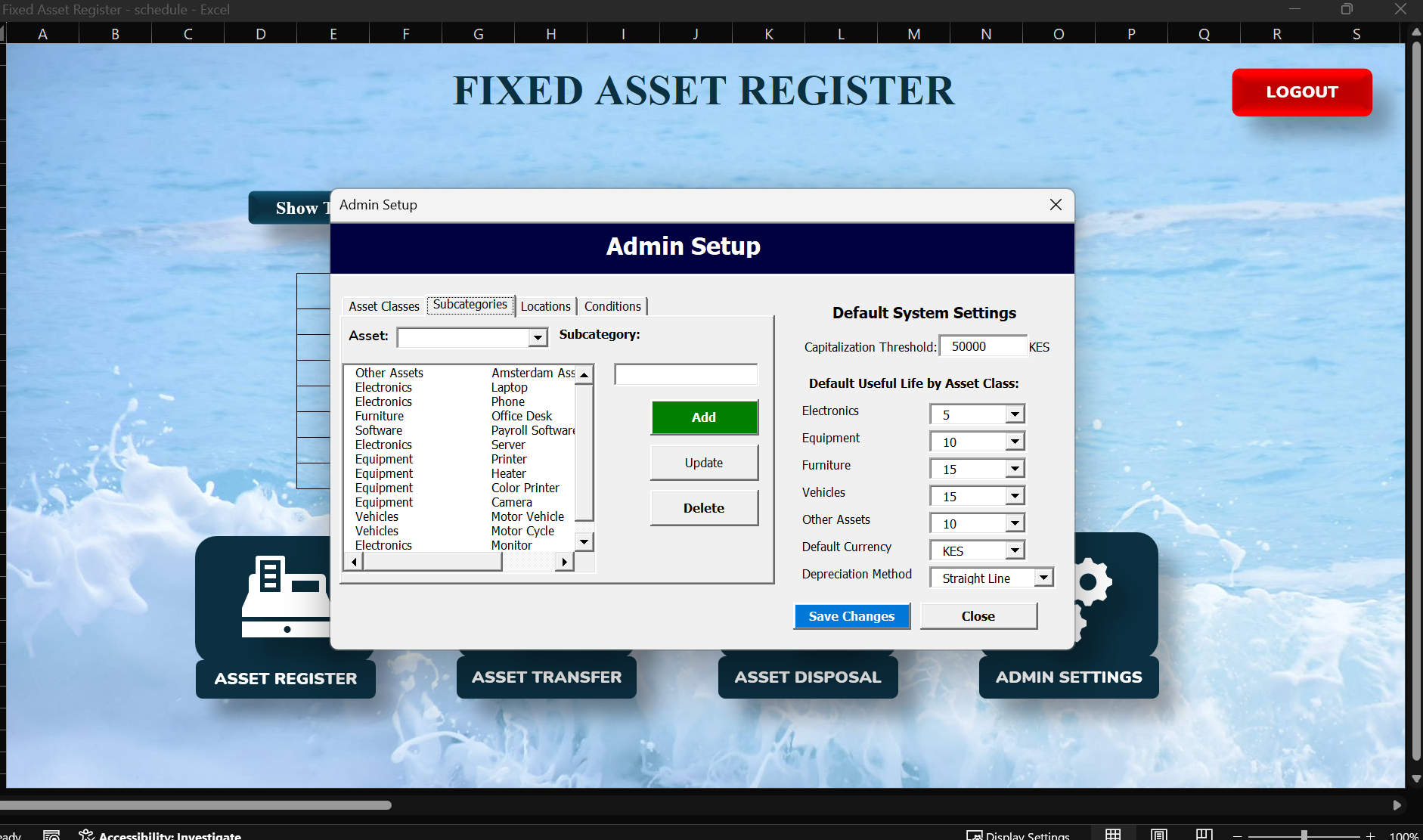Fixed Asset Register — Admin Setup and system configuration